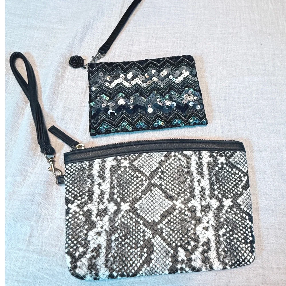 Sparkling Sequin & Snake Print Wristlet Clutch Set Two Piece Evening‎ Bag